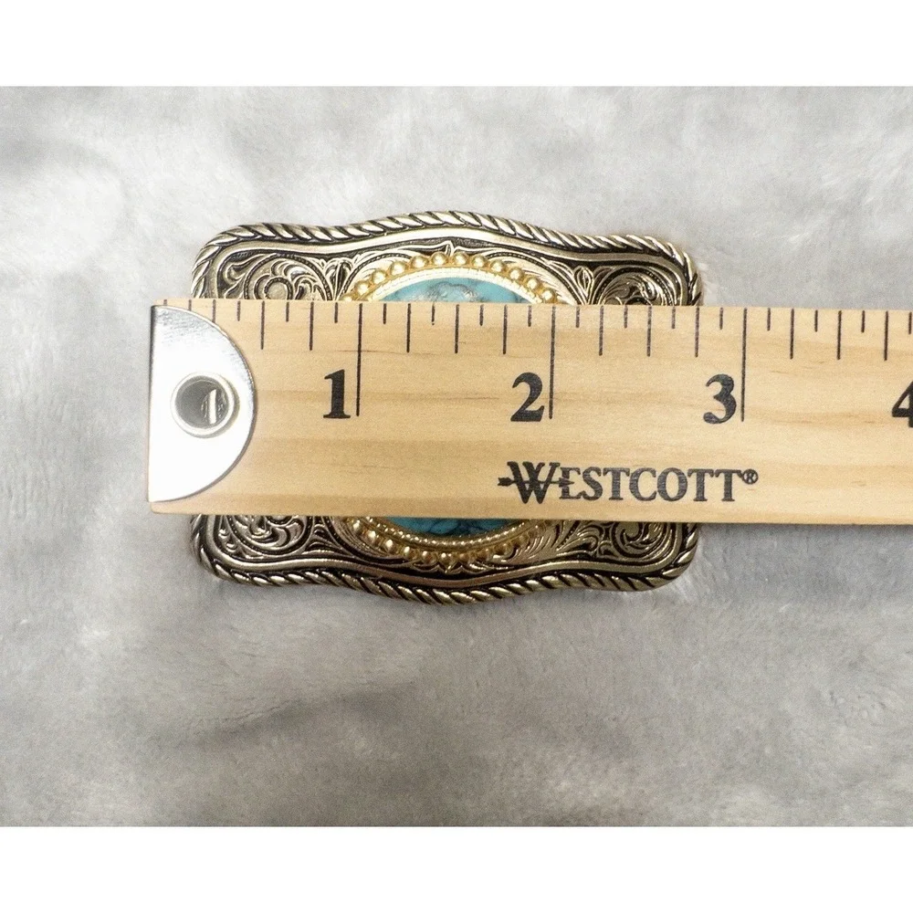 Gold Tone Western Scroll Work Belt Buckle With Faux Turquoise Stone Rodeo